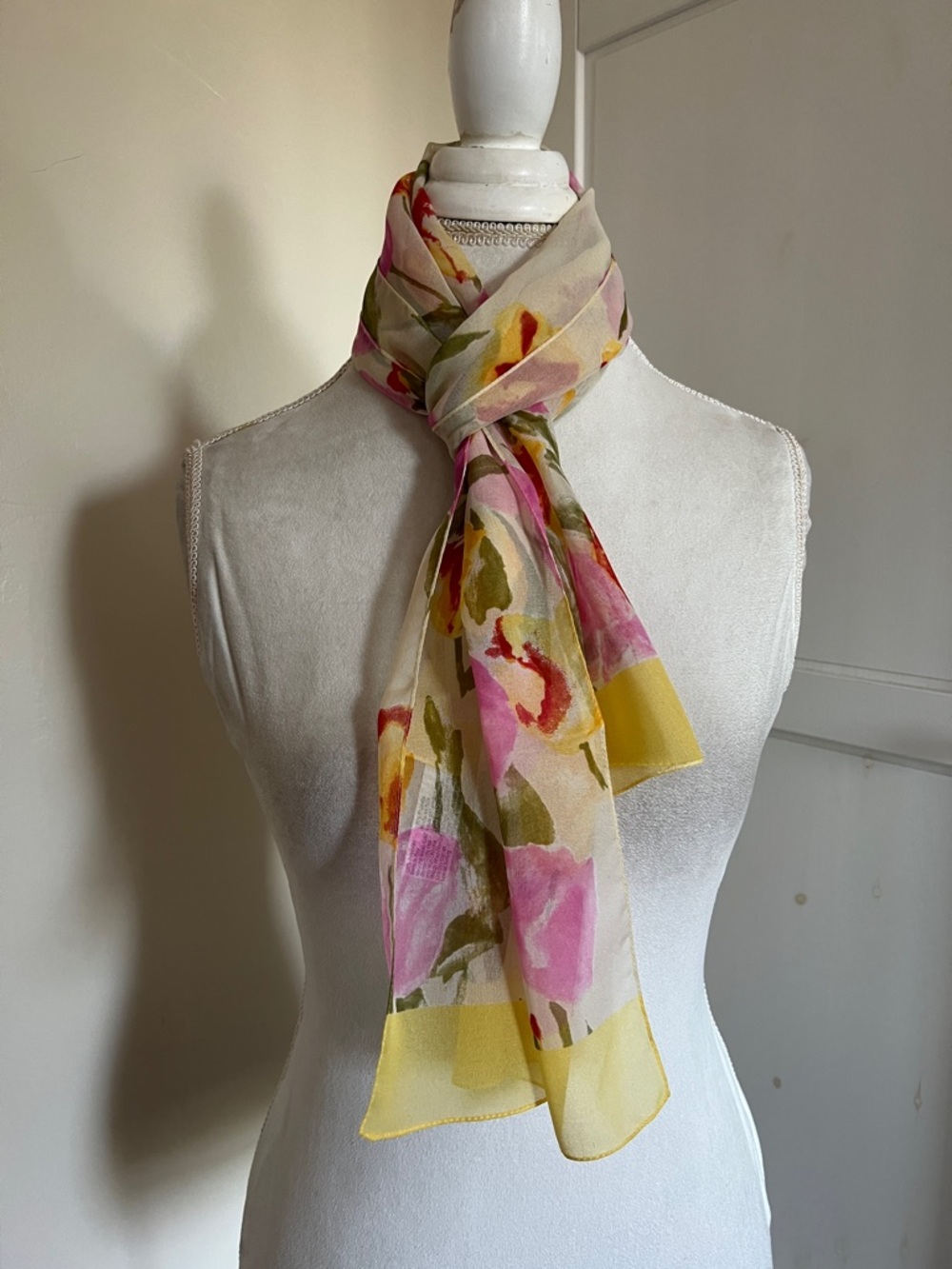 Vintage Elaine Gold Watercolor Floral Tulip Sheer Oblong Scarf - 58" x 14"